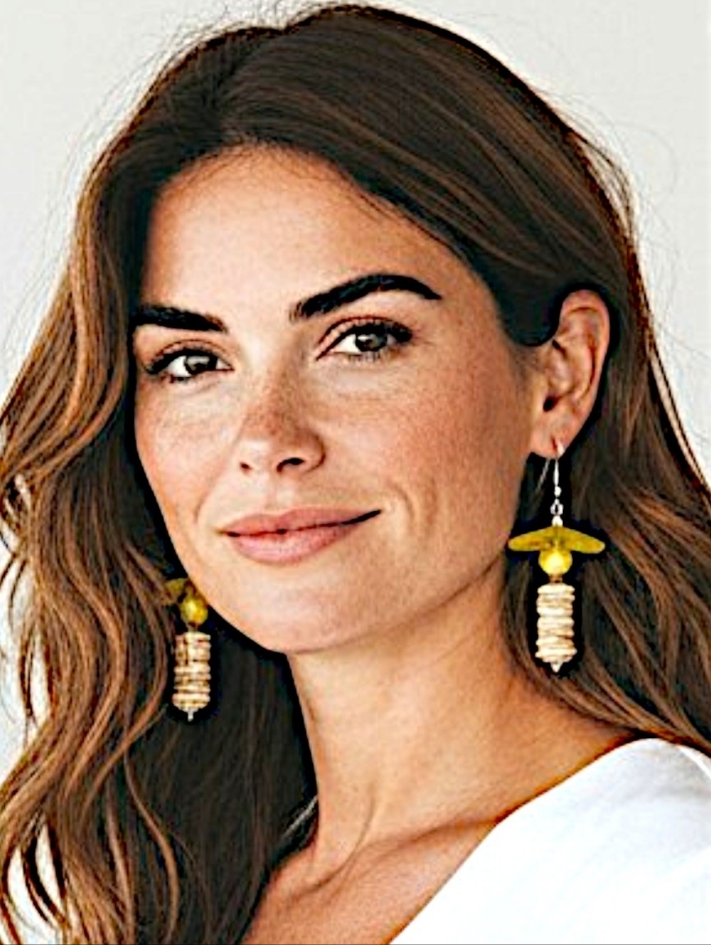 Hand Crafted Yellow Lucite, Glass & Mother of Pearl Shell Stack Dangle Earrings - Picture 2 of 10
